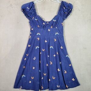Urban Outfitters Babydoll Mini Dress Womens‎ S Blue Butterfly Print Smocked NEW